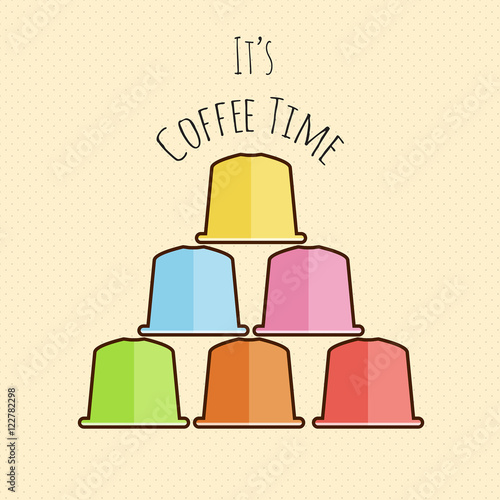Vector flat cartoon set of coffee capsules. Coffee time conceptual illustration. Multicolored coffee pods for coffee machine.