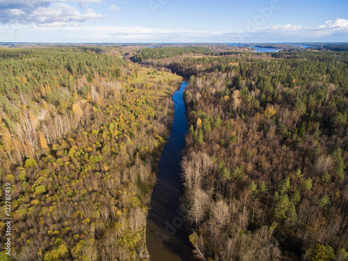 Beautiful aerial view of a small river in the forest photo