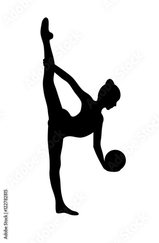 Silhouette of girl doing rhytmic gymnastics exercises with ball. Isolated