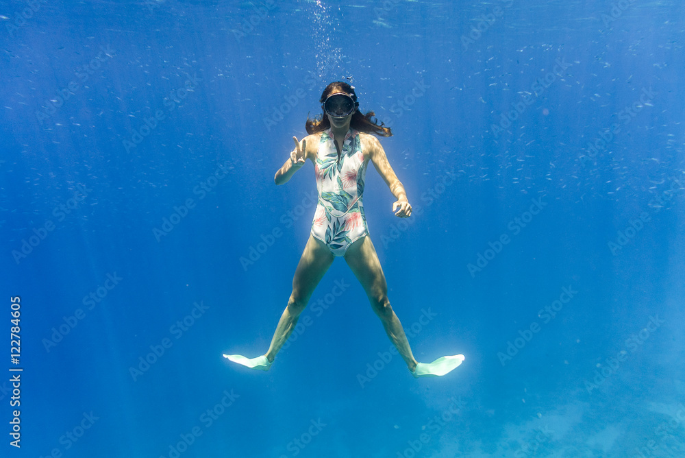Portrait of woman gesturing while swimming in sea Portrait of woman gesturing while swimming in sea