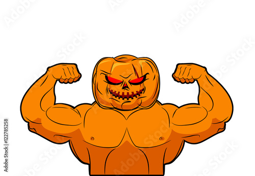 Powerful Pumpkin. Fruit bodybuilding with muscles. Vegetable wit