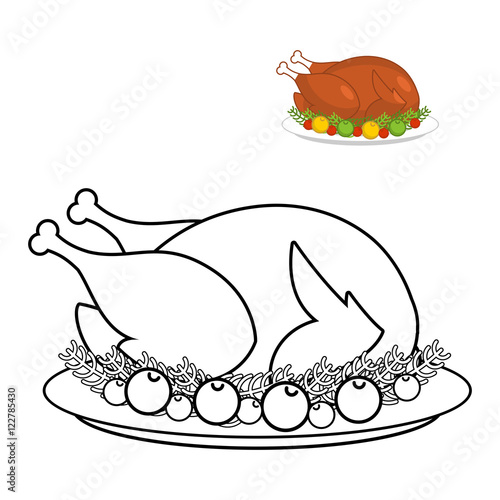 Roast turkey for Thanksgiving coloring book. fowl on plate in li
