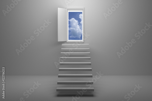3D Rendering : illustration of stair or steps up to the sky in a door against white wall and floor,Opened door to blue sky and stair in white room with shadow.business success concept