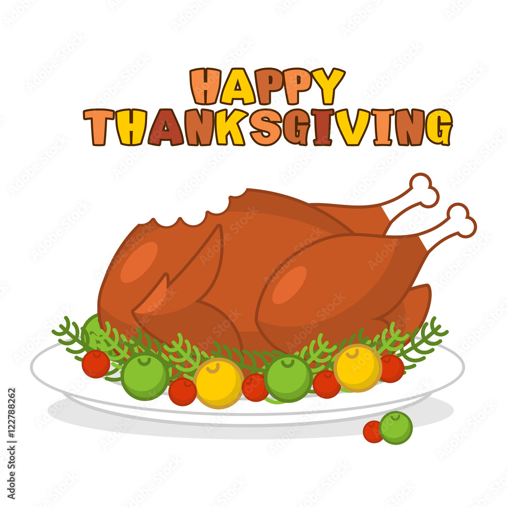 Happy Thanksgiving. Roasted turkey. fowl on plate. Baked wildfow Happy Thanksgiving. Roasted turkey. fowl on plate. Baked wildfow