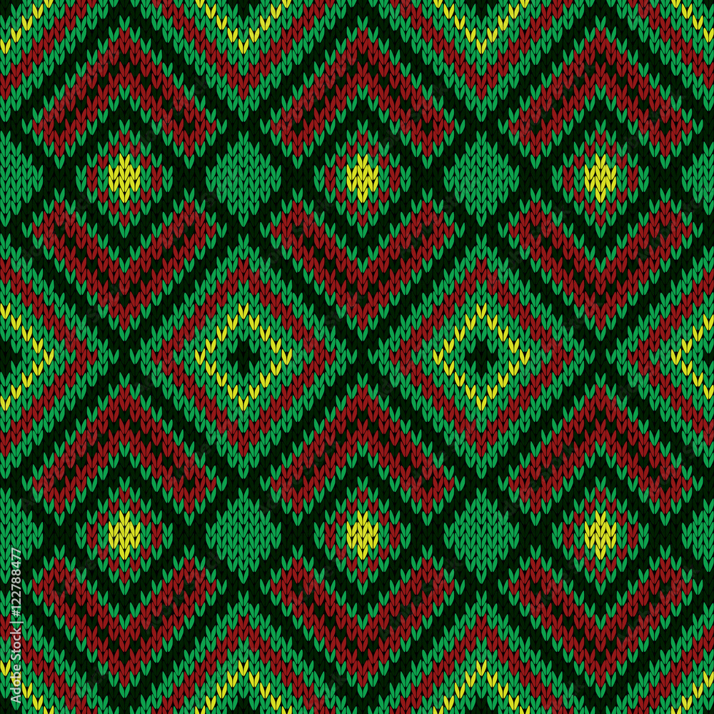 Ornate ethnic knitting seamless pattern mainly in green color