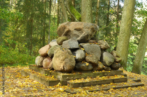 A pile of stones in the woods.