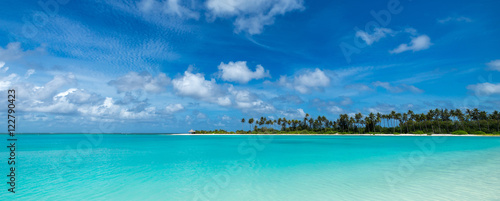 Perfect tropical island paradise beach Maldives, panorama format
