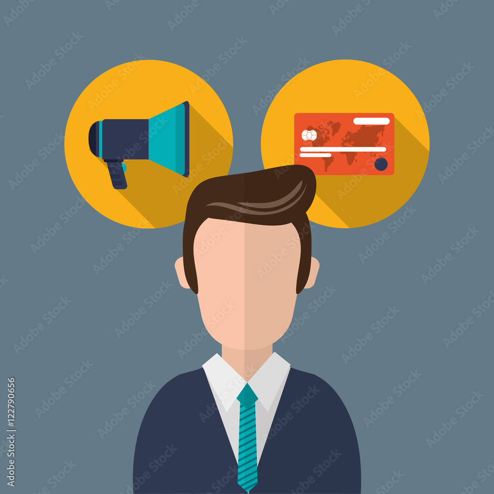 flat design businessman with megaphone and credit card business related icons image vector illustration flat design businessman with megaphone and credit card business related icons image vector illustration