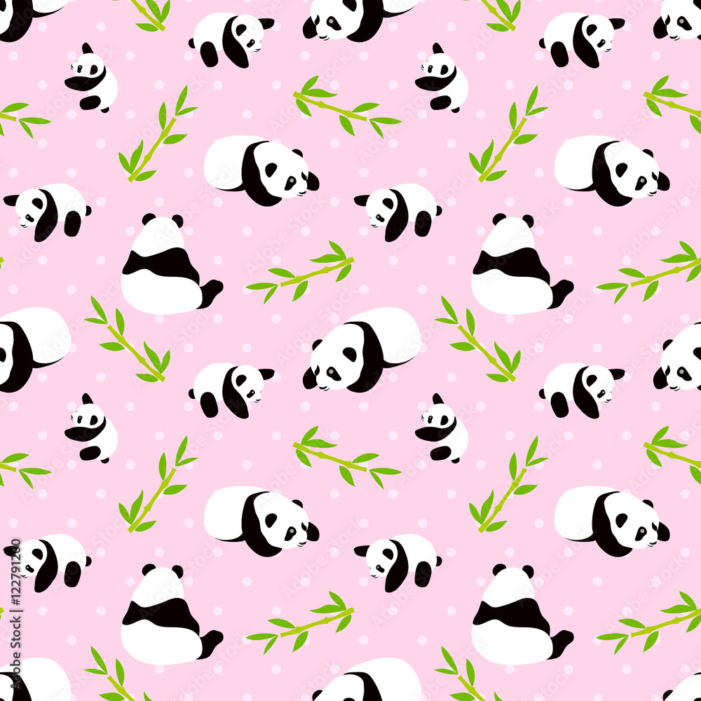 Fototapeta premium Panda bear vector background. Seamless pattern with cartoon panda. 