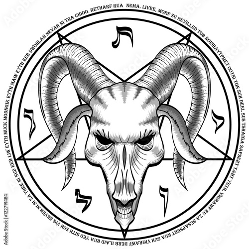 Pentagram with animal skull. Satanic symbol. For tattoos, biker black metal themes. Black and white. You can turn off the pentagram. Handmade illustration. Vector.