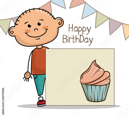 avatar boy smiling and card with cupacake. happy birthday decorations. colorful design vector illustration photo