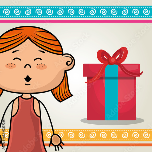 avatar girl surprised with gift box. colorful design. vector illustration