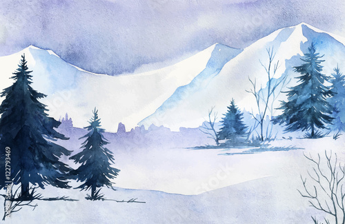 Obraz na płótnie Zimowy krajobraz. Ilustracja akwarela krajobraz. Boże Narodzenie b