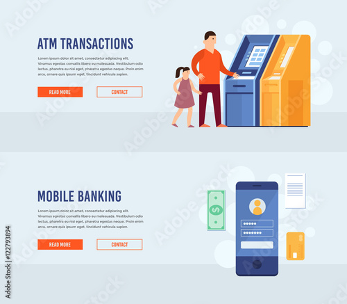 ATM terminal usage. Mobile Banking. Money transfer. Vector illustration. Modern flat design concept for web banners, web sites, printed materials, infographics.