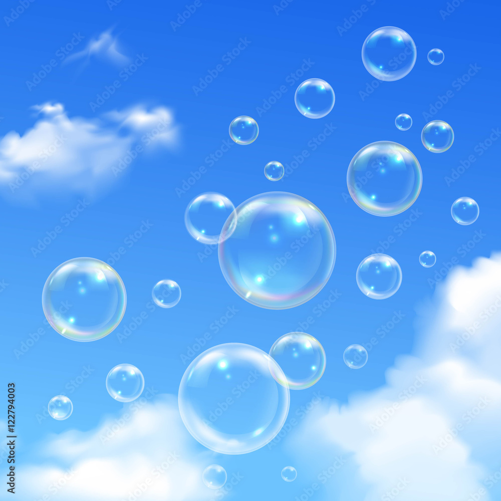 Soap Bubbles Blue Sky Realistic Background 