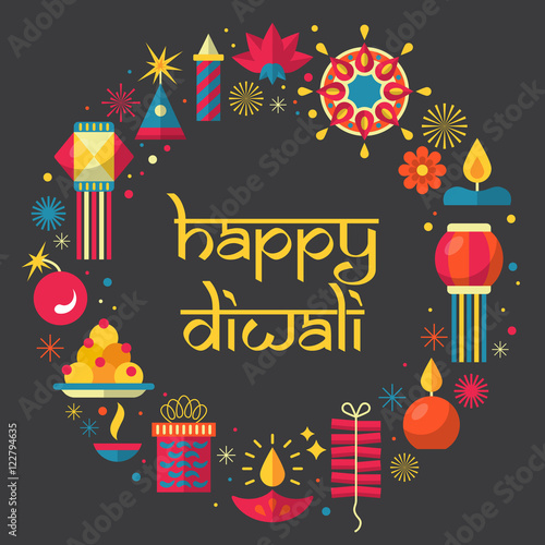 Diwali Hindu festival greeting card design with flat modern elem