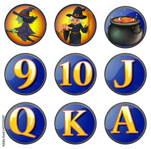 Witch and letters on round badges