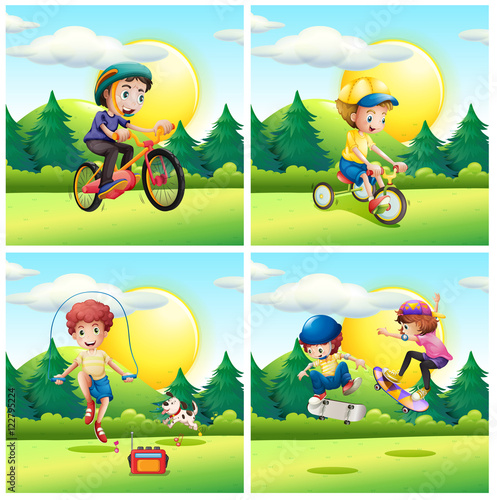 Scenes with kids exercising in the park