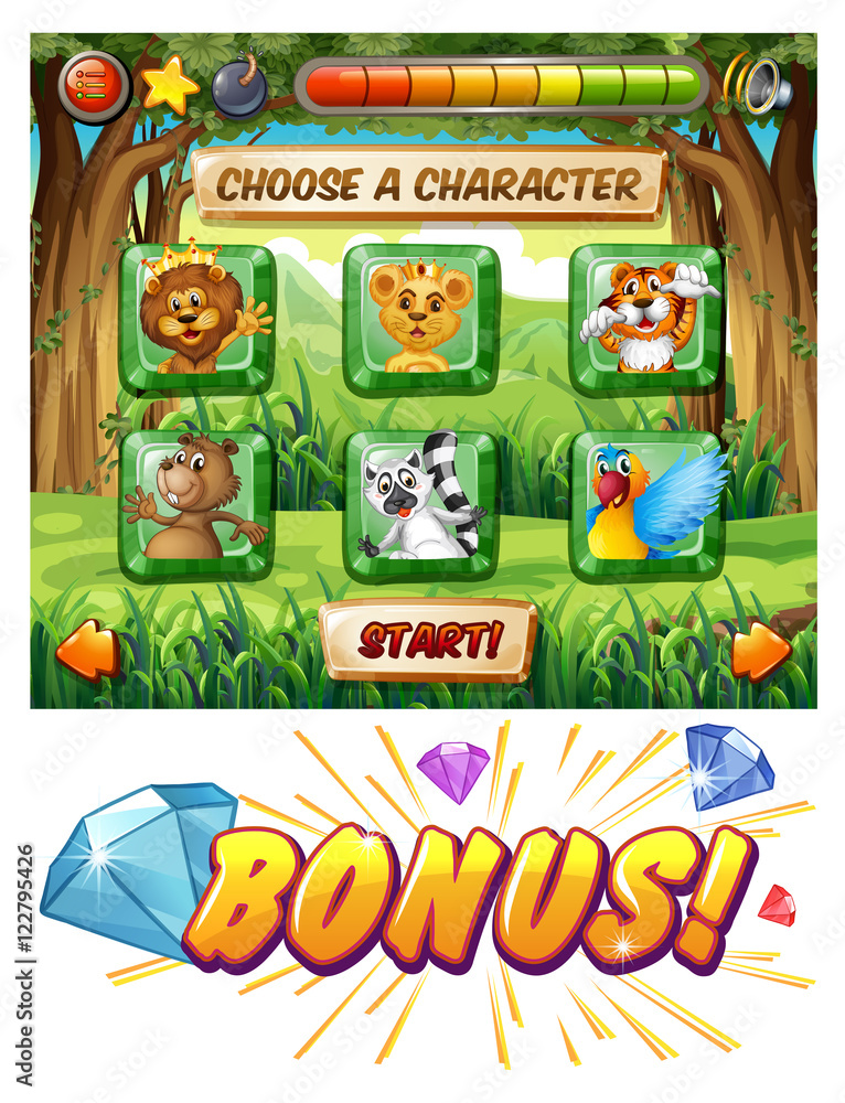 Computer game template with wildlife characters Computer game template with wildlife characters