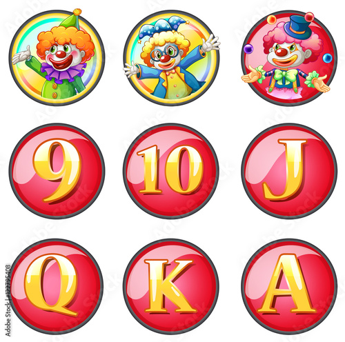Jesters and letters on round badges