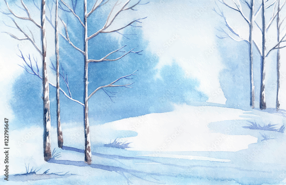 Obraz premium Winter landscape. Watercolor landscape illustration. Christmas b