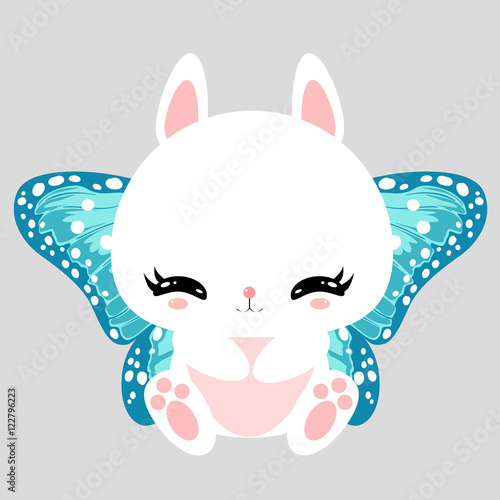 Little cute white bunny with blue butterfly wings. Romantic character. Greeting card. Beautiful sticker.