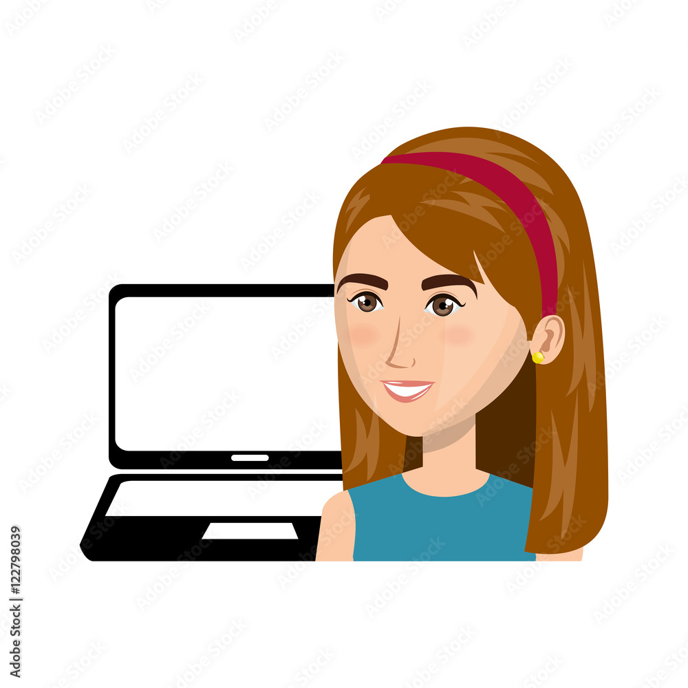 laptop computer device and avatar woman smiling. silhouette vector illustration laptop computer device and avatar woman smiling. silhouette vector illustration