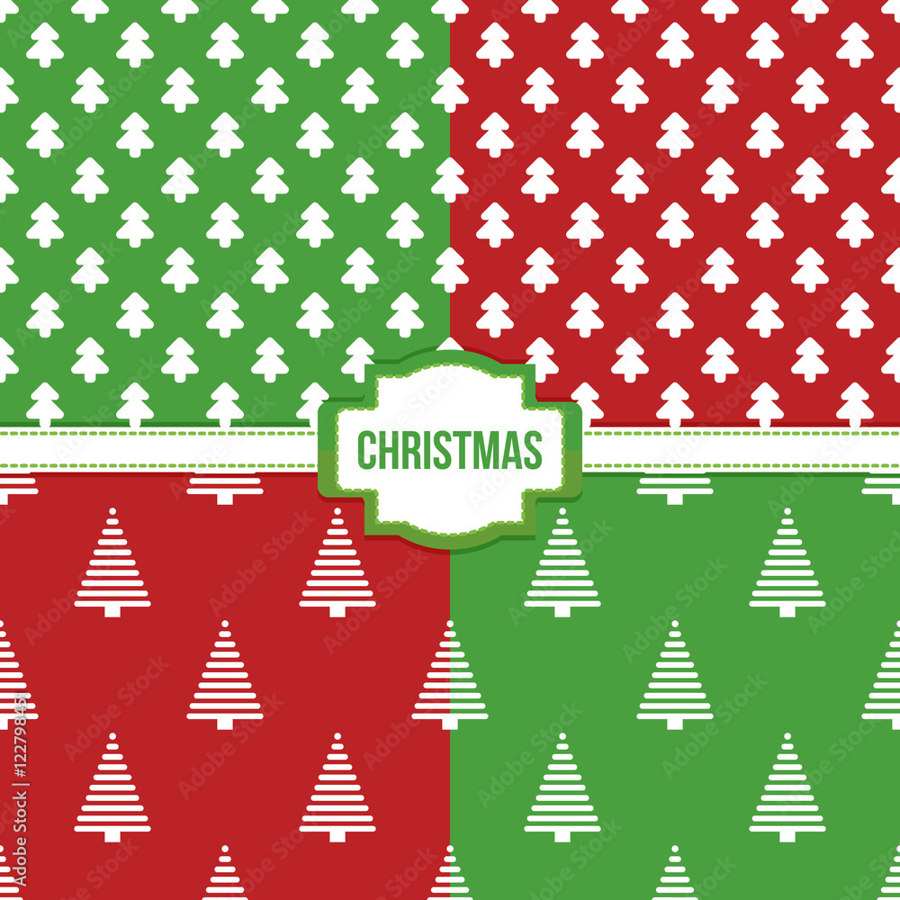 Set, collection of four simple modern colorful christmas trees seamless pattern backgrounds.