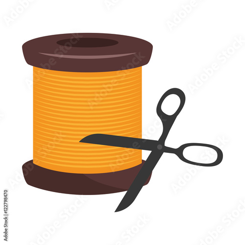 spool of yellow thread  with scissors tool. vector illustration