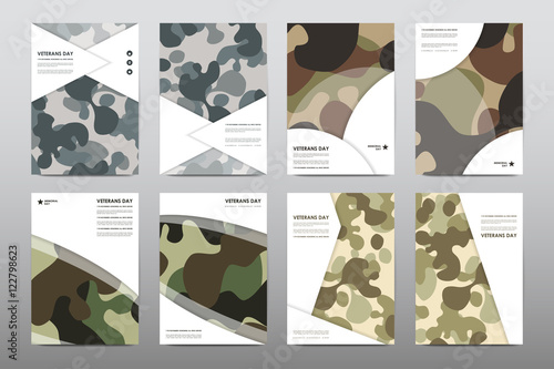 Set of Veterans Day brochure, poster templates in khaki style. Beautiful design and layout