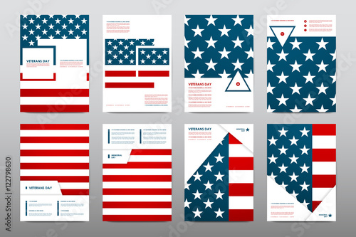 Set of Veterans Day brochure, poster templates in USA flag style. Beautiful design and layout