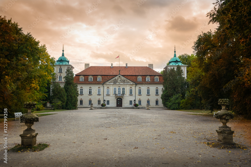 Back view of  Radziwill family  palace of Nieborow, in baroque style, surrounded by a french garden.