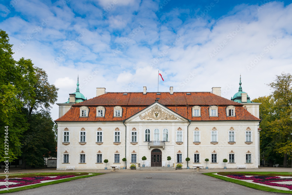 Back view of  Radziwill family  palace of Nieborow, in baroque style, surrounded by a french garden.