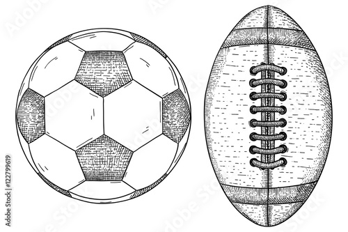 Soccer ball and american football ball. Hand drawn sketch