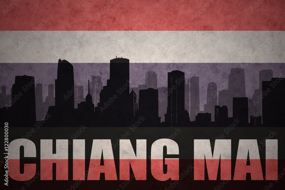abstract silhouette of the city with text Chiang Mai at the vintage thailand flag background