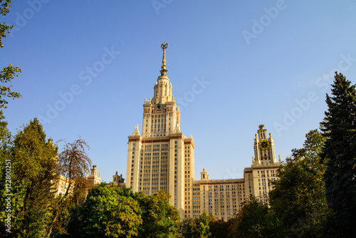 Lomonosov Moscow State University framed by trees, Moscow, Russia