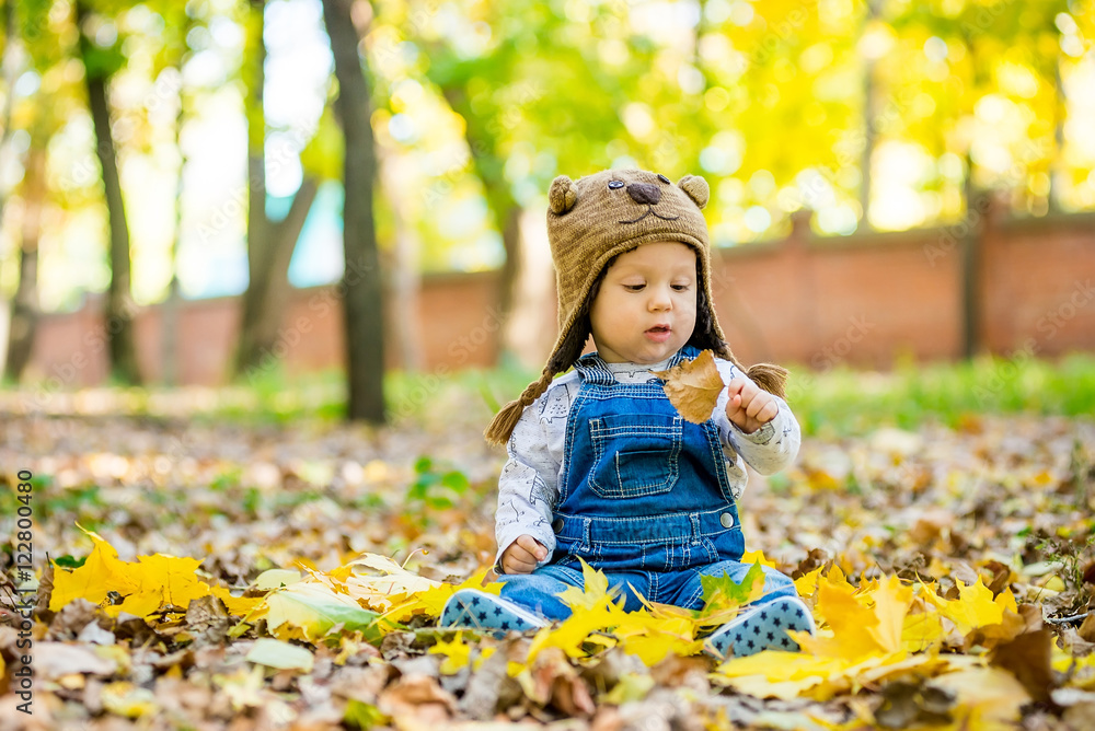 toddler sitting in the park in autumn leaves toddler sitting in the park in autumn leaves