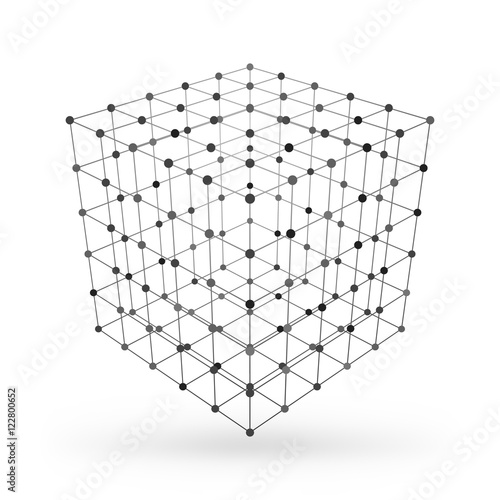 Wireframe polygonal geometric element. Cube with connected lines and dots. Vector Illustration on white background with shade