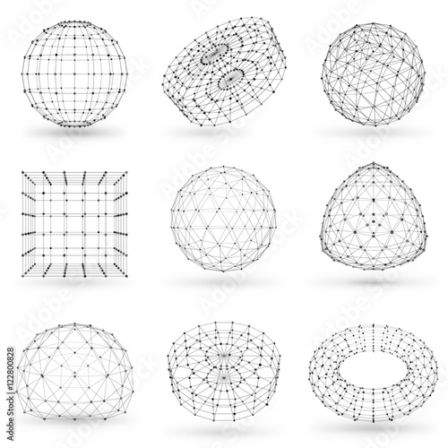 Set of wireframe polygonal elements. Abstract geometric 3D objects with connected lines and dots. Set of vector illustrations on white background with shades
