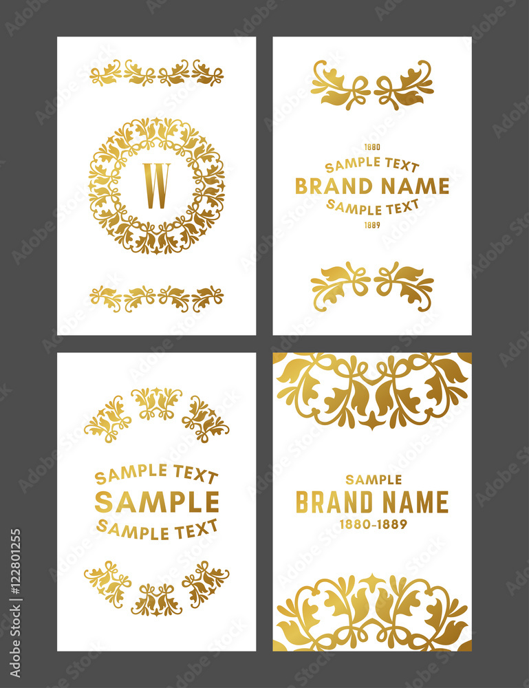 Fototapeta premium Set of Floral Decorative Logo Frame, Border and Monogram, Golden on White Background Vector Illustration.