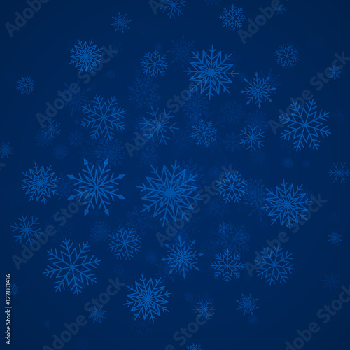 Blue christmas snowflakes background with lights. Abstract vector illustration. Decorative background for holiday greeting card