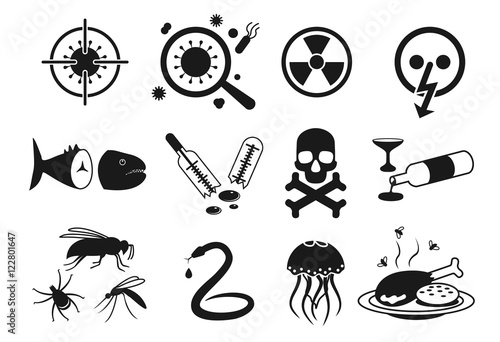 Vector icon set of different types of health dangerous, problems: poison, venom, toxic, intoxication with alcohol or spoiled food, mercury, burn, bacterium, snake or insect bite, jellyfish sting.