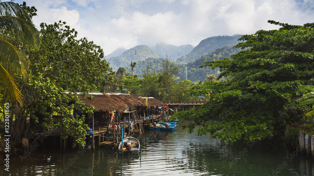 Fishing village on the island in Southeast Asia.