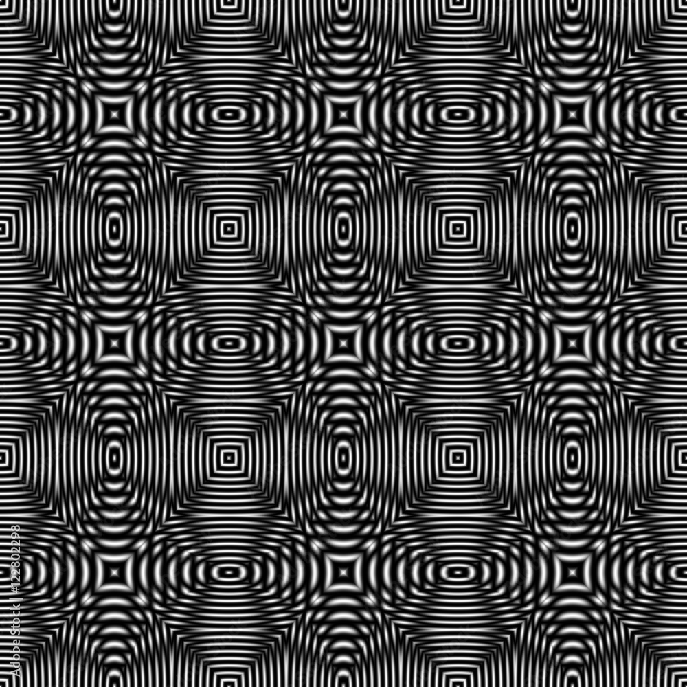 Black and white optical illusion, raster seamless pattern. Digitally generated abstract geometric ornament with 3D effect and metallic luster.