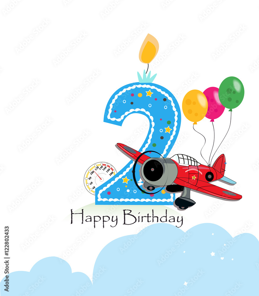 Second birthday greeting card. Air plane and balloon happy birthday boy