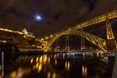 Long exposure night view of Dom Luís I Bridge in Porto, Portugal