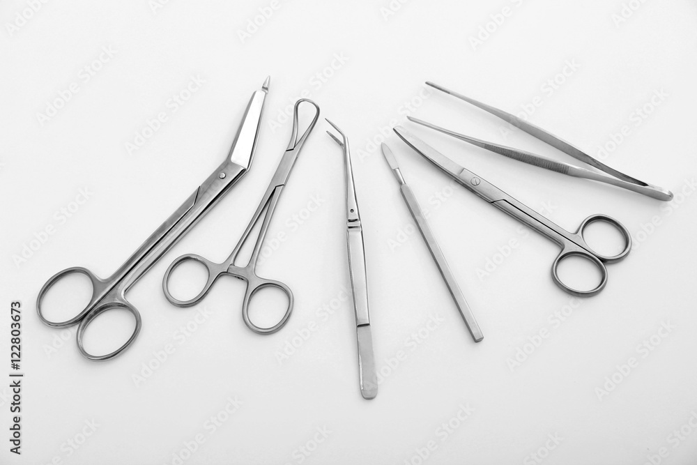 Flat lay of medical instruments on white background Flat lay of medical instruments on white background