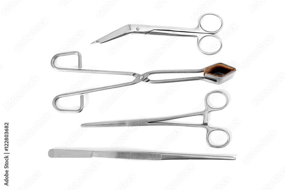 Flat lay of medical instruments on white background Flat lay of medical instruments on white background