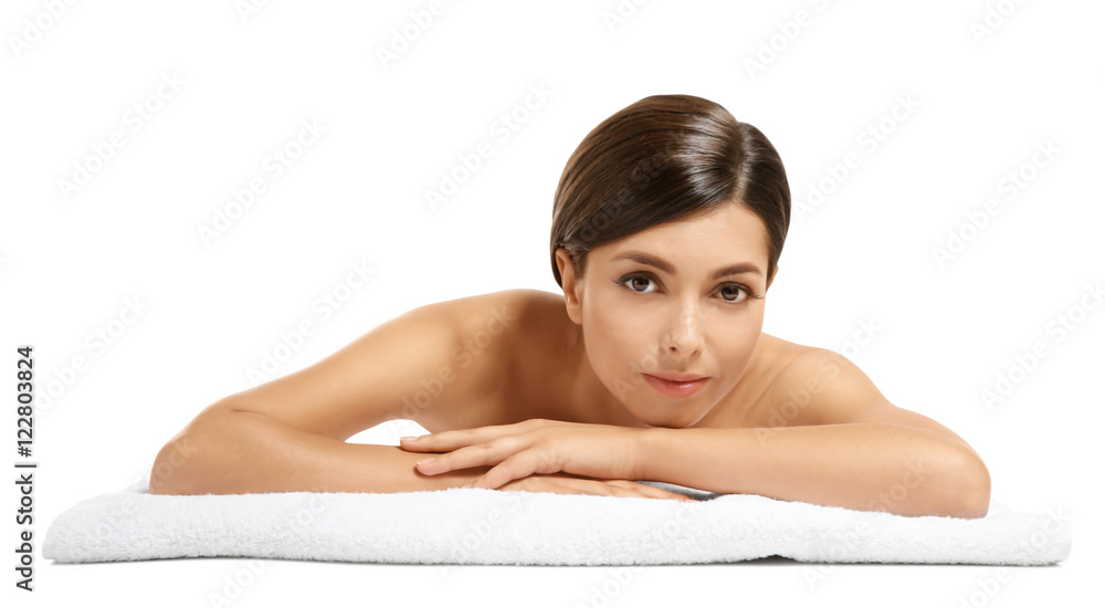 Beautiful girl with towel, isolated on white Beautiful girl with towel, isolated on white