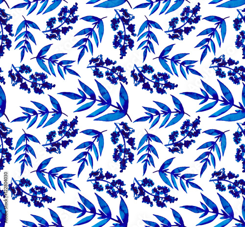 Watercolor Blue Leaves And Lilac Repeat Pattern
